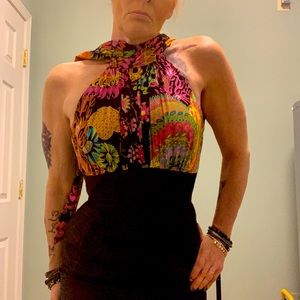 Trina Turk NWT SZ 0, cocktail dress, Patterned top, BLK linen skirt